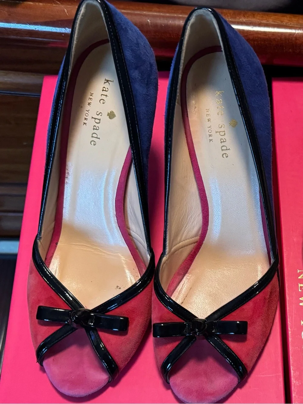 kate spade Cherry Pink and Navy Suede Peep-Toe Flats with Patent Trim